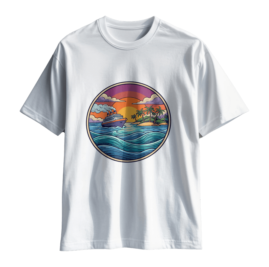 Retro-style circular illustration of a cruise ship on teal waves sailing past a palm-tree island at sunset, orange and purple sky, comic-book halftone shading.
